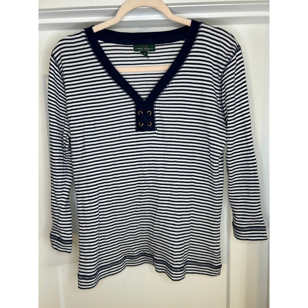 Lauren Ralph Lauren Navy White Striped Lace Up V-Neck Ribbed Top Large Nautical